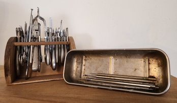 Large Assortment Of Vintage DENTAL Tools With Wooden Holder