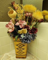 Vintage Artificial Floral Arrangement With Woven Basket