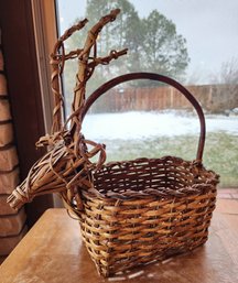 Vintage Handmade Reindeer Themed Woven Basket