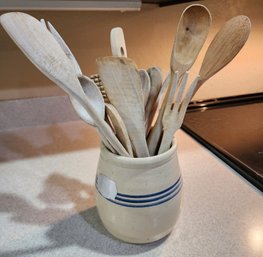 Vintage MARSHALL POTTERY Canister With Assortment Of Wooden Utensils