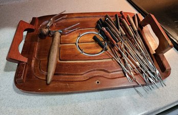 Large Assortment Of FONDUE Sticks, Board And Cutting Brace