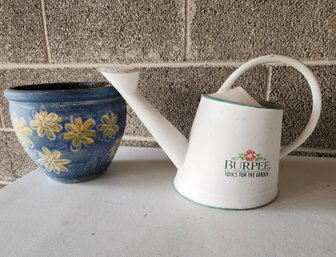 Vintage Decorative Ceramic Flower Pot And Metal Watering Can