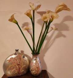 (2) Decorative Flower Vases With One Featuring An Artificial Flower Arrangement