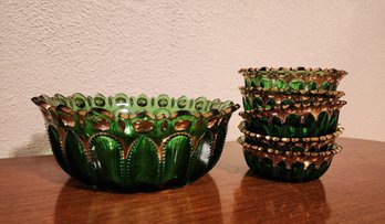 Green Art Glass Bowl Set With Gold Trim