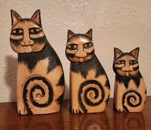 (3) Handmade Wood Folk Art Graduated Cat Sculptures