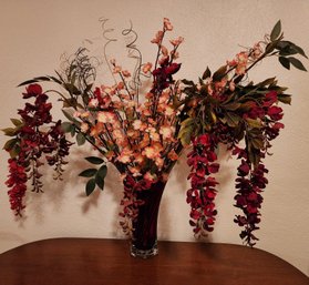 Vintage Glass Vase With Large Floral Artificial Arrangement