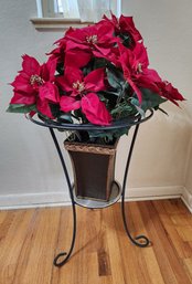 Large Metal Olant Stand With Artificial Poinsettia Plant And Vase