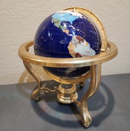 Vintage Large Blue Lapis Gemstone Art World Globe Brass Stand W/ Compass