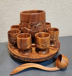 Vintage Carved Wood Beverage Set With Serving Plate And Ladle