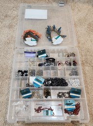 Assortment Of Costume Jewelry And Arts And Craft Supplies With Plastic Organizing Case