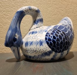 Vintage Ceramic Decorative Handpainted Blue And White Duck