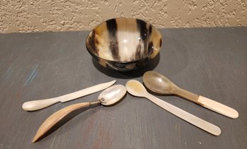 Vintage Tortoise Shell Bowl With Assortment Of Utensils