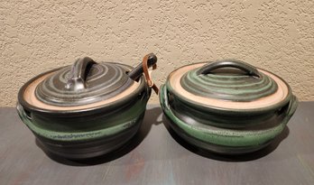 (2) Large Ceramic Handmade Cooking Pots With Lids