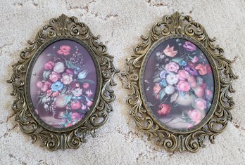 (2) Vintage MADE IN ITALY Metal Ornate Framed Floral Fine Art Prints