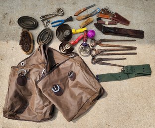 Assortment Of Horse Tools And Accessories With Bag