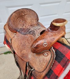 Beautiful Hand Tooled Leather Horse Saddle With Stand