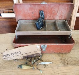 Vintage Metal Fishing Tackle Box With Accessories