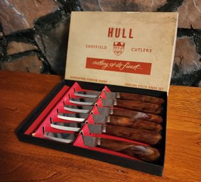 Vintage Mid Century Modern HULL Sheffield Steak Knife Cutlery Set Horn Handles