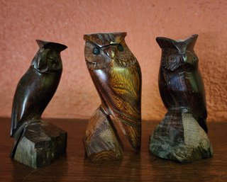 (3) Vintage Wooden Sculpture Owl Figures