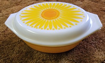 Vintage Pyrex Yellow Sunflower Mid Century Modern Covered Serving Dish