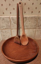 Vintage Teakwood Bowl With (2) Wooden Utensils