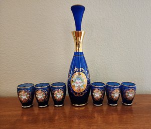 Beautiful Assortment Of Blue Art Glass Drinking Shooters And Bottle