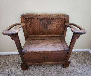 Antique Wood Inlay Bench Seat With Storage