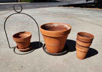 Assortment Of Clay Garden Pots And Metal Hanging Accent