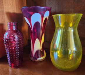 (3) Colorful Art Glass Flower Vases