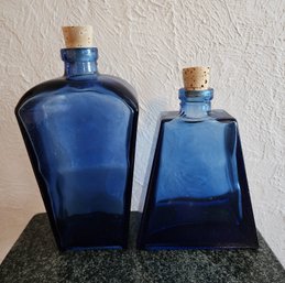 (2) Blue Decorative Glass Bottles With Corks