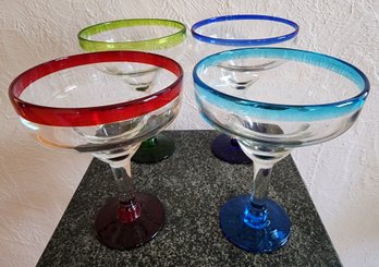 (4) Glass Colored Rim Margarita Glasses