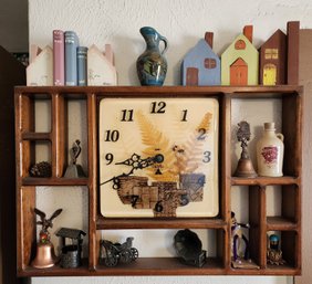 Vintage Wooden Hanging Collectibles Display With Quartz Clock