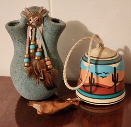 (2) Southwest Style Home Decor Selections - Pottery Vessel And Bell