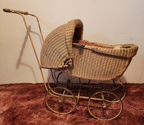 Antique Baby Doll Transport Pram With Wooden Handle