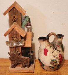 (2) Home Decor Selections - Pottery Vessel And Wooden Tower