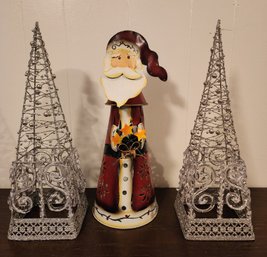 (2) Decorative Metal Holiday Sparkle Towers And Santa Claus Topper