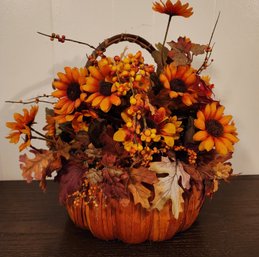 Artificial Fall Floral Arrangement With Pumpkin Style Basket