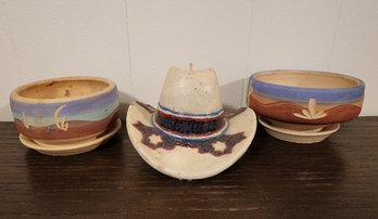 Southwest Style Home Decor Selections - Cowboy Hat Candle And (2) Pottery Vessels