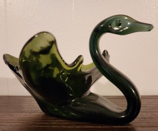 Vintage Green Art Glass Swan Figure