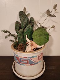 Vintage Ceramic Flower Pot With Artificial Cactus Plants