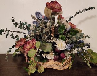 Vintage Artificial Floral Arrangement With Woven Basket