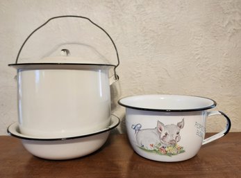 (3) Vintage White Enamel Pans