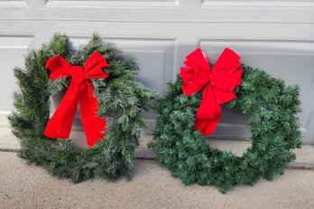 (2) Christmas Red Bow Accent Hanging Wreaths