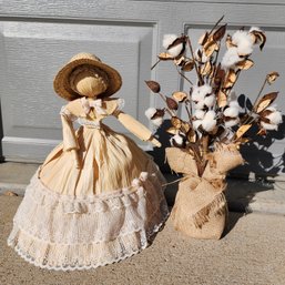 (2) Vintage Home Decor Selections - Corn Husk Doll And Artificial Cotton Arrangement