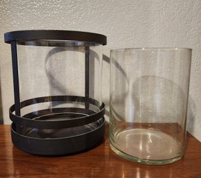 Black Metal Decorative Accent Container With (2) Glass Vessels