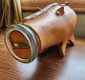 Vintage Leather Covered Glass Bottle Piggy Bank