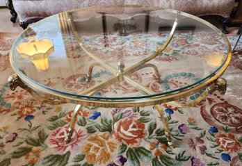 Beautiful Rare Mid Century Modern Hollywood Regency Ram's Head And Hoof Theme Brass And Glass Top Coffee Table