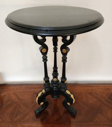 Antique Black Wooden Side Table With Ornate Gold Tone Accent Hardware