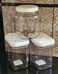 (2) OXO Plastic Air Tight Storage Containers And (1) Glass Storage Canister