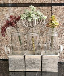 Tin Metal Organizer Tray With (3) Glass Bottles And Faux Succulent Selections